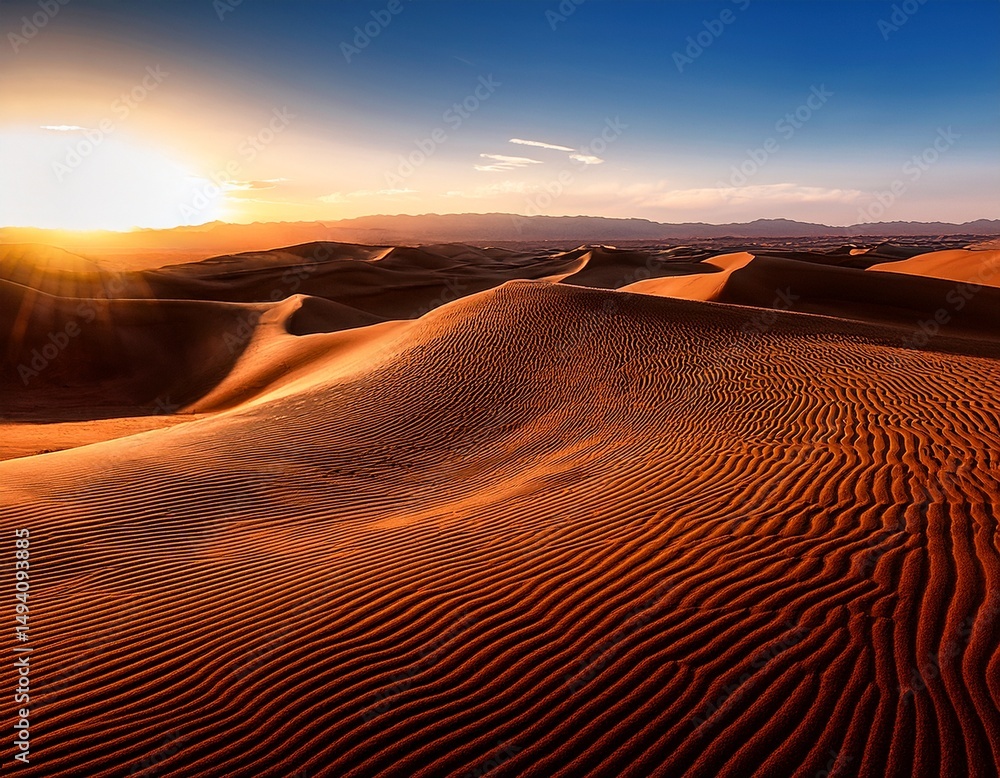 Naklejka premium Rolling desert dunes under warm sunset with deep shadows-