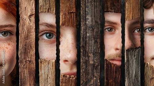 Diverse individuals with unique features are visually separated by wooden planks, creating intriguing and artistic composition