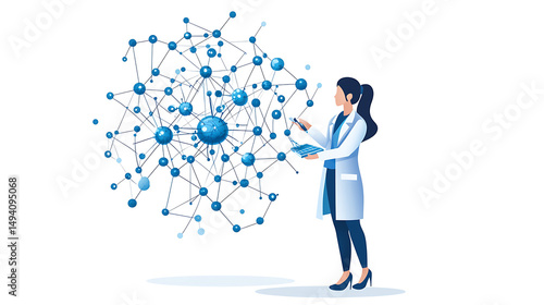 Female scientist in lab coat is analyzing artificial neural networks, showcasing innovation and technology in research