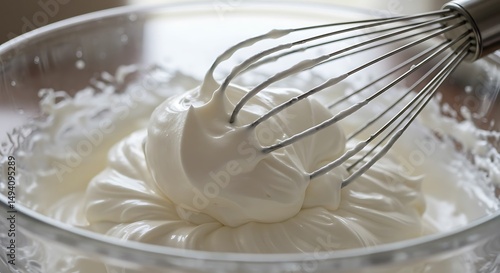 A macro shot of a silver whisk resting in a glass bowl filled with whipped cream The cream has soft peaks and the whisk's wires are in sharp focus