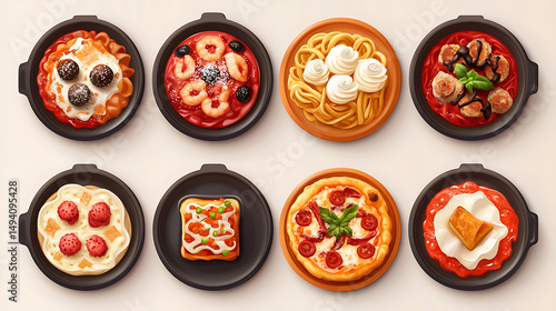 Delicious Italian cuisine featuring pizza, pasta, and various desserts arranged on plates, evoking sense of warmth and comfort