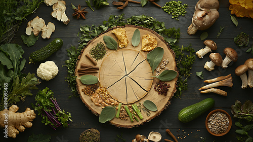 Fresh herbs and vegetables arranged wooden platter, showcasing variety of ingredients for cooking and preparation. vibrant colors and textures