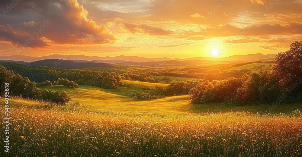 Fototapeta premium Golden sunset over rolling hills and grassy meadow with scattered trees under a partly cloudy sky, evoking warmth and tranquility