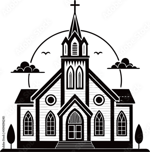 A detailed illustration of a traditional church with Gothic architecture.