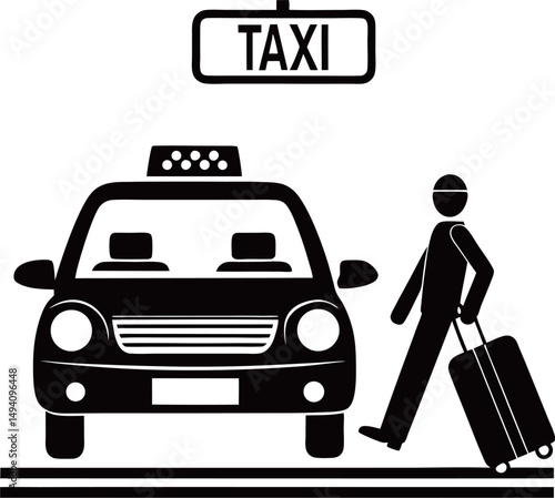 Silhouette of a traveler with a suitcase heading towards a taxi.