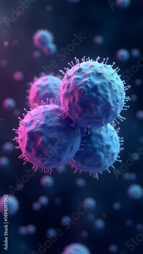 Glowing dual-nucleus bacterium in microscopic view, vibrant teal/violet cores, detailed cell structure with out-of-focus background microbes.