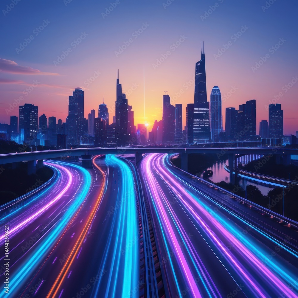 Fototapeta premium Futuristic city skyline with glowing data light trails