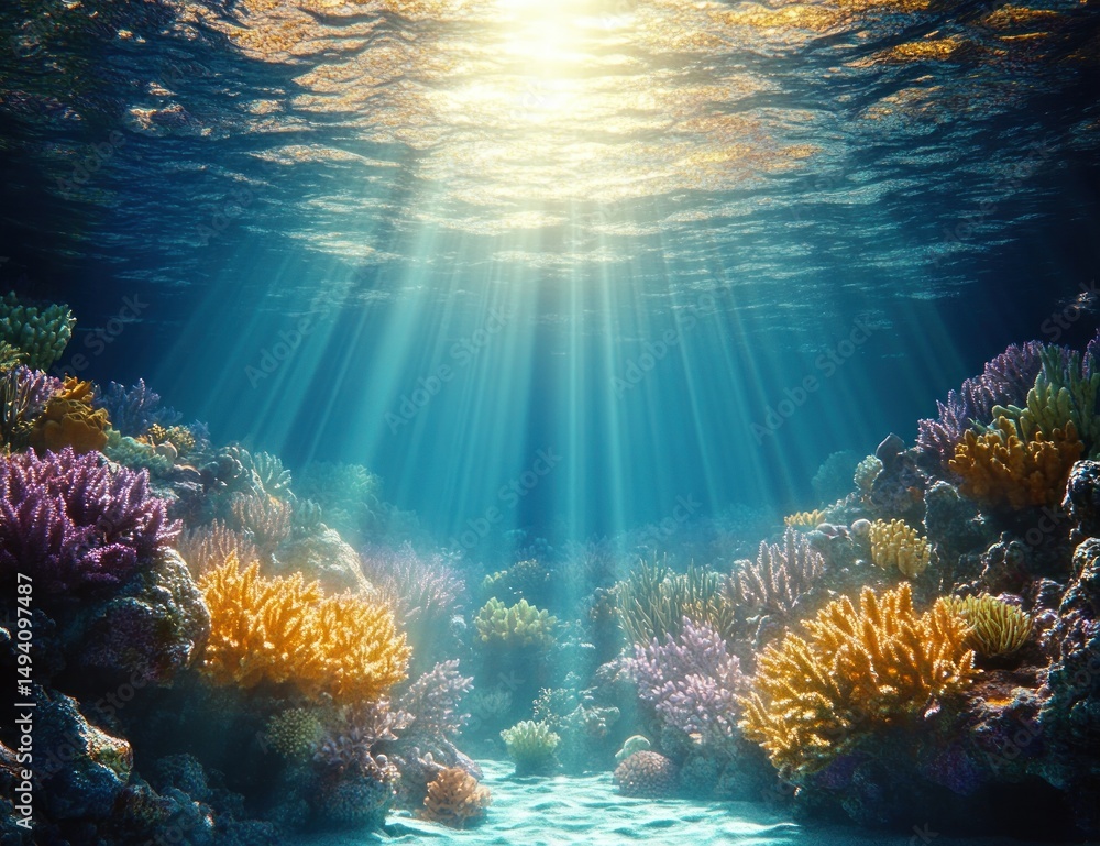 Fototapeta premium Underwater scene of vibrant colorful coral reefs illuminated by sun rays penetrating the clear blue ocean water, creating a serene and peaceful atmosphere