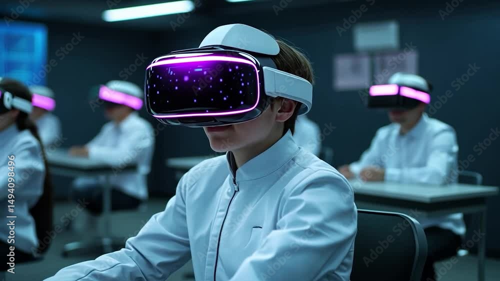 Group of students in a classroom wearing VR headsets. Focus on one student with a white shirt and illuminated VR device reflecting purple lights. Neutral background and lighting. Group of students in a classroom wearing VR headsets. Focus on one student with a white shirt and illuminated VR device reflecting purple lights. Neutral background and lighting.