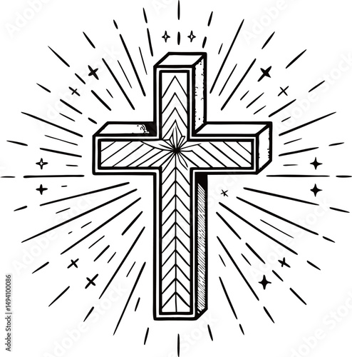Stylized 3D cross with rays of light, symbolizing faith and spirituality.