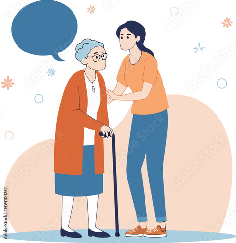 A young woman helps an elderly lady with a cane in a caring moment.