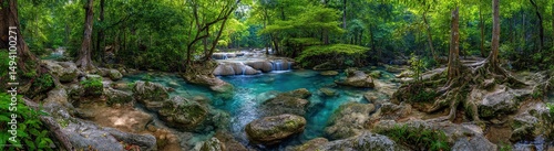 Tropical Waterfall Cascading Through Lush Forest