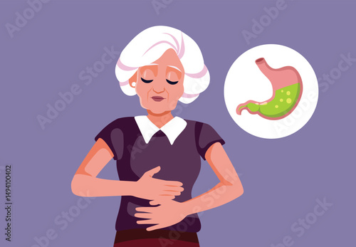 Unhappy Elderly Woman with Acid Reflux Condition Vector Cartoon. Senior lady feeling uncomfortable and having gastrointestinal issue 
