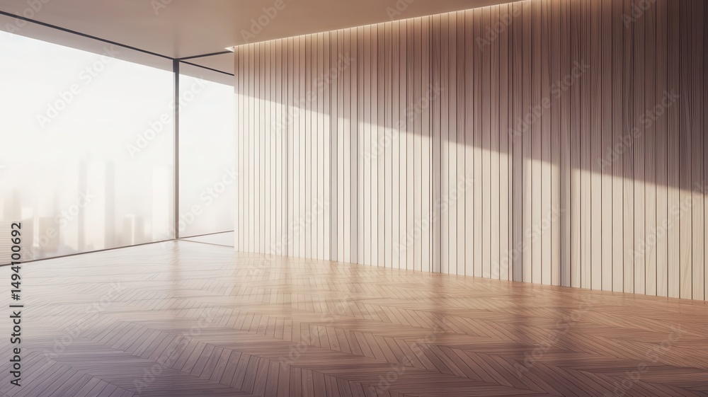 Fototapeta premium Interior space with wooden wall, herringbone floor, and expansive window view