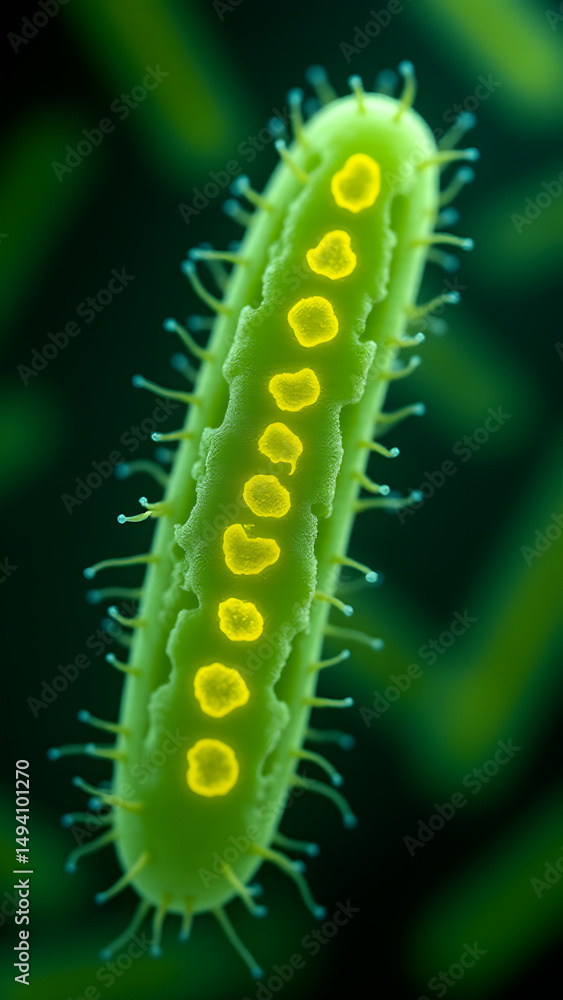 Fototapeta premium Bacteria with glowing grooved surface, nanoscale ridge details, microscopic view with motion-blurred background.