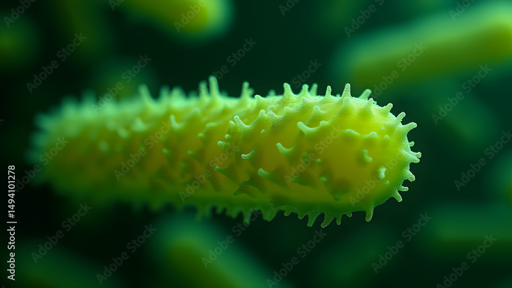 Naklejka premium Bacteria with glowing grooved surface, nanoscale ridge details, microscopic view with motion-blurred background.