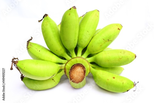Fresh raw banana in green on white background