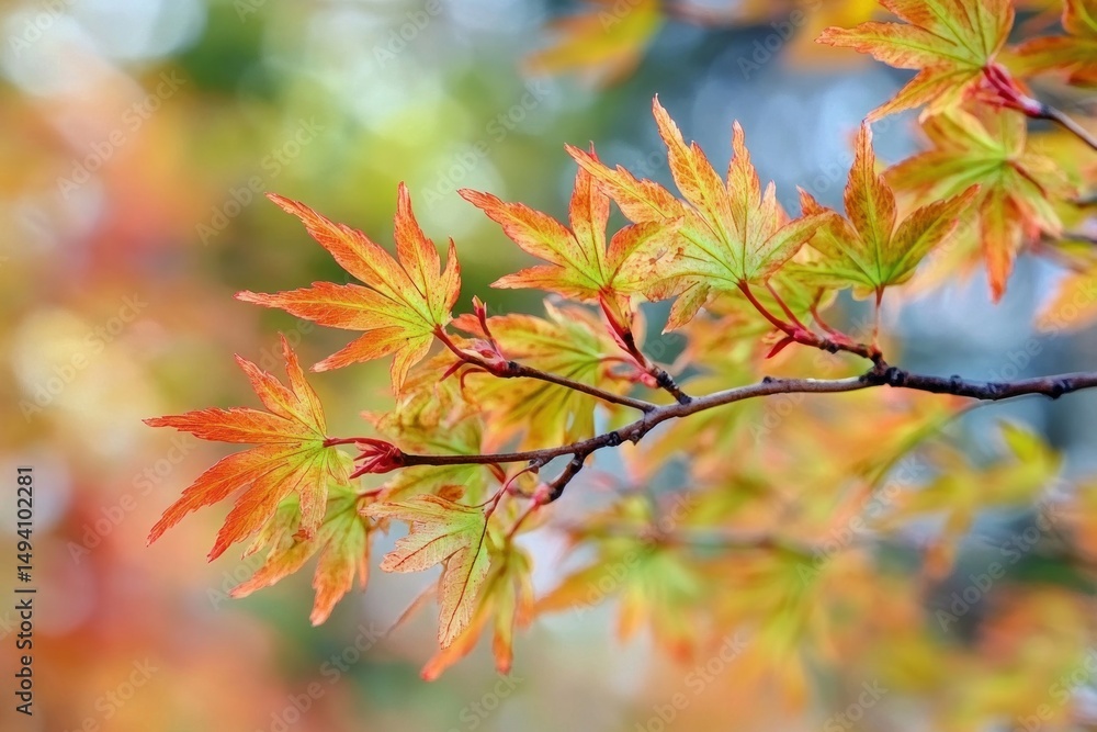 Close-up photo of a branch with green and orange autumn leaves softly illuminated against a blurred colorful background Close-up photo of a branch with green and orange autumn leaves softly illuminated against a blurred colorful background