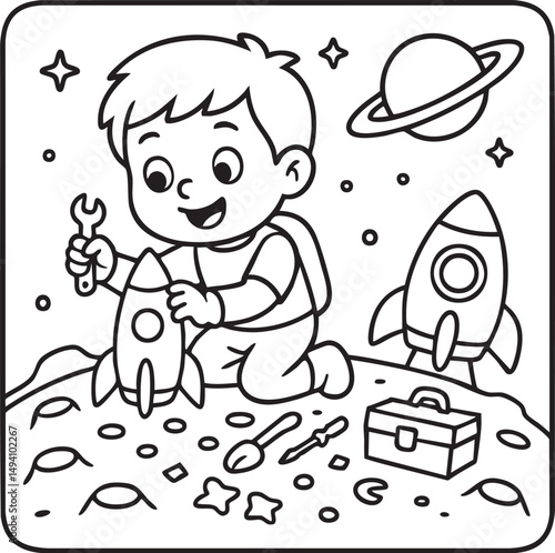 Little Boy Astronaut Floating in Space – Coloring Page for Kids