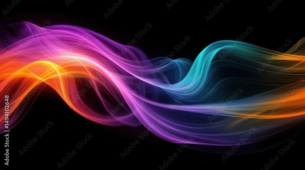 Naklejka premium Colorful flowing abstract waves blending vibrant hues of purple, pink, orange, and blue on a black background creating a dynamic and energetic visual effect