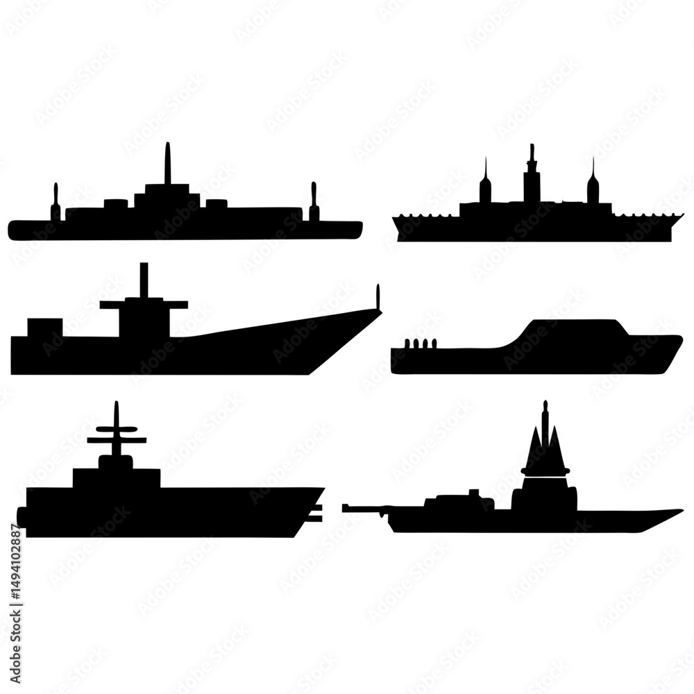 Fototapeta premium Six black silhouettes of military warships