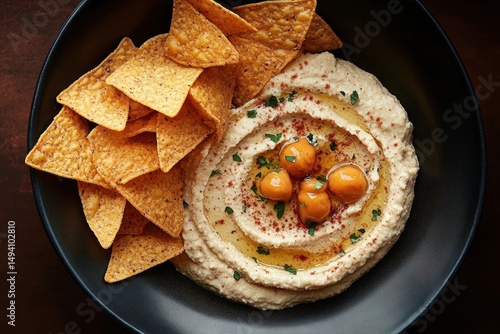 Close-up of creamy hummus topped with chickpeas, olive oil, and herbs served with crispy triangular corn chips in a black bowl on a wooden surface