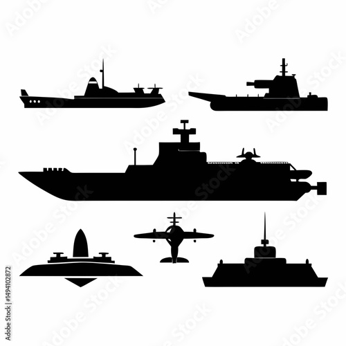 Silhouette collection of military watercraft and aircraft