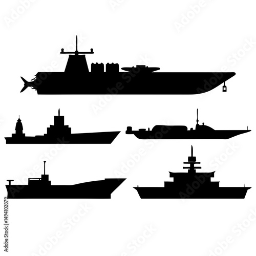 Silhouette collection of various warships and vessels