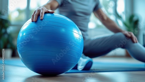 Fototapeta Naklejka Na Ścianę i Meble -  Person sitting on floor stretching with hand resting on a large blue exercise ball in a bright, indoor workout space