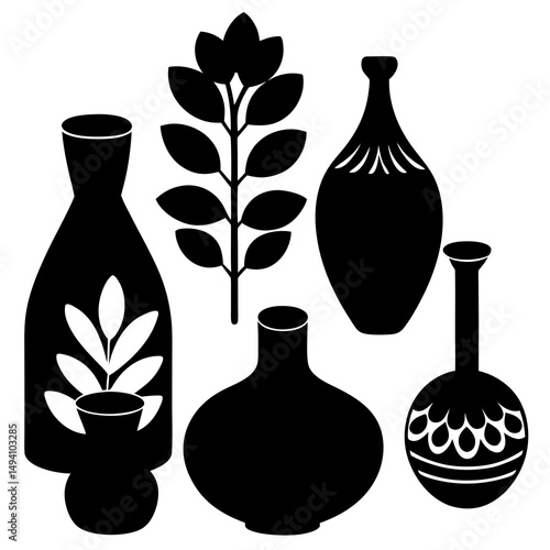 Black and white silhouette of vases and plants
