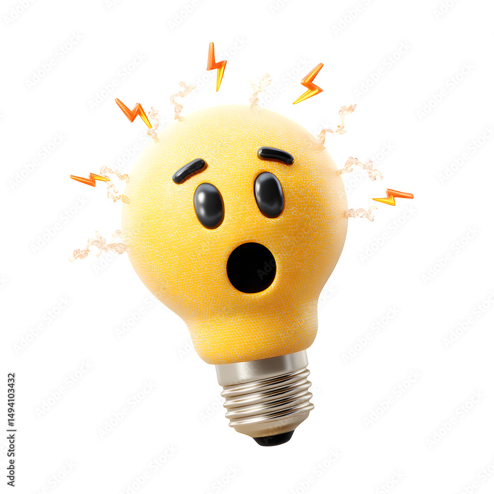 Fototapeta premium Emoji-style lightbulb with a cute surprised face and electric sparks around it, idea concept, isolated on white background