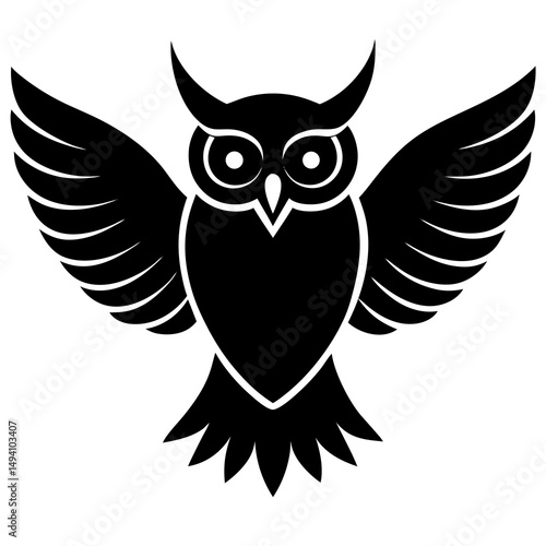 Black and white stylized owl with spread wings