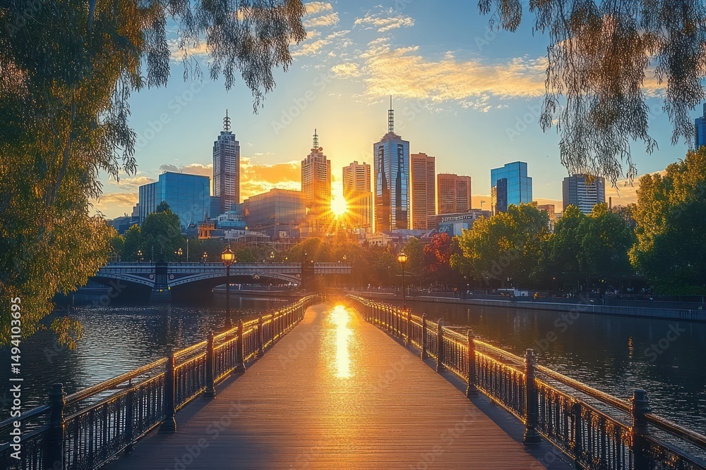 Obraz premium Sunset over city skyline with tall buildings reflected in calm river and illuminated pedestrian bridge framed by tree branches