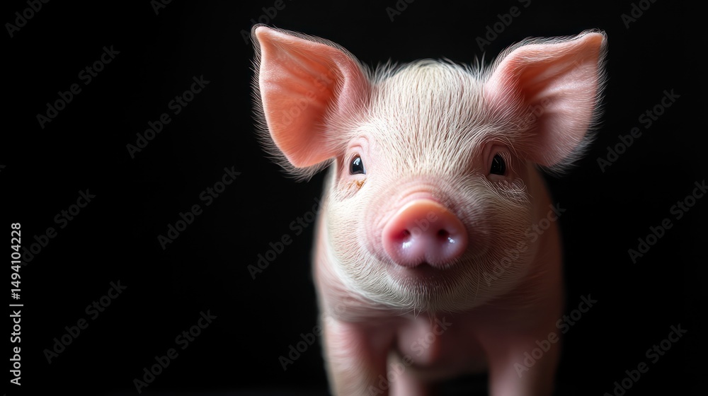Fototapeta premium Cute piglet portrait, dark background, studio shot, farm animal