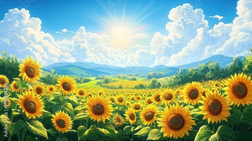 Bright sunny day over a vast field of blooming sunflowers with lush green leaves under a blue sky filled with fluffy white clouds and distant rolling hills