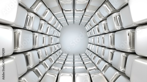 The image shows a cylindrical tunnel constructed from numerous shiny, metallic, square blocks arranged in a spiraling pattern, creating a sense of depth and perspective and converging to a bright whi