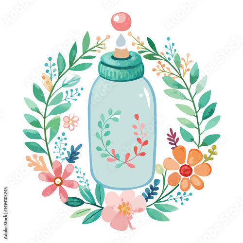 A charming watercolor illustration of a baby bottle decorated with a subtle wreath motif, surrounded by a vibrant circular wreath of green leaves and colorful flowers, all on a white background.