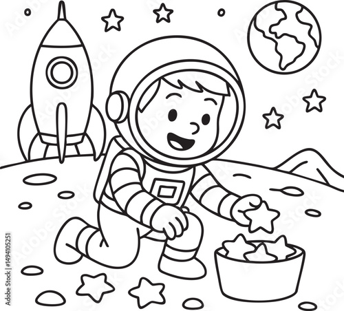 Little Boy Astronaut Floating in Space – Coloring Page for Kids