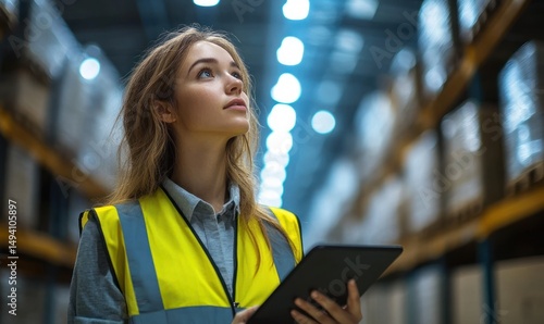 Young woman in a fluorescent safety vest holding a tablet and looking upwards thoughtfully inside a large warehouse with shelves filled with boxes