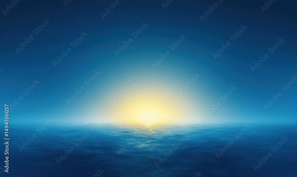Fototapeta premium Calm ocean at sunset with glowing sun half above the horizon reflecting soft light on smooth water under clear blue sky