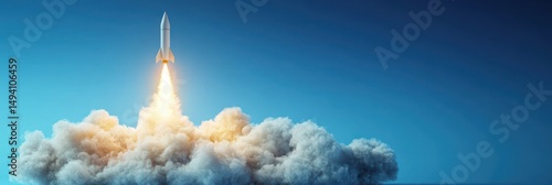 White rocket blasting off into clear blue sky with bright fiery exhaust and thick clouds of smoke below during liftoff