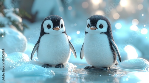 Fototapeta Naklejka Na Ścianę i Meble -  Two adorable baby penguins on icy terrain