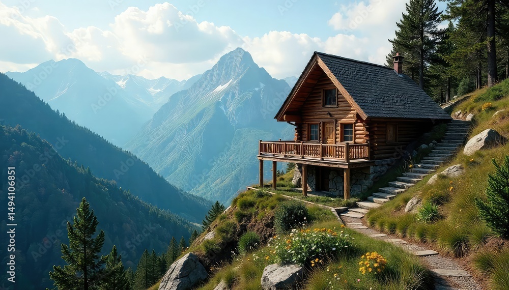 Fototapeta premium A cozy cabin nestled high in the mountains, accessed by a winding, wooden staircase Rustic charm and breathtaking views , ascending, wilderness, wild