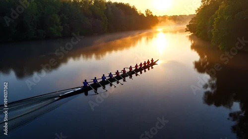 Aerial view of a rowing team on calm water at sunrise silhouettes of rowers in a long boat with sunlight and fog adding to the tranquil atmosphere.