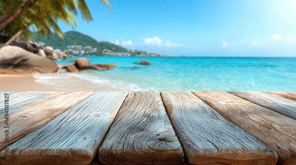 Fototapeta premium A serene beach scene with a wooden surface in the foreground and a vibrant ocean in the background.