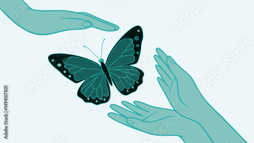 Butterfly in Hands Illustration Symbolizing Care and Freedom