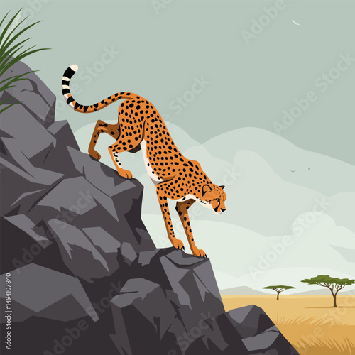Cheetah Descending Rocky Hillside in African Savanna Illustration