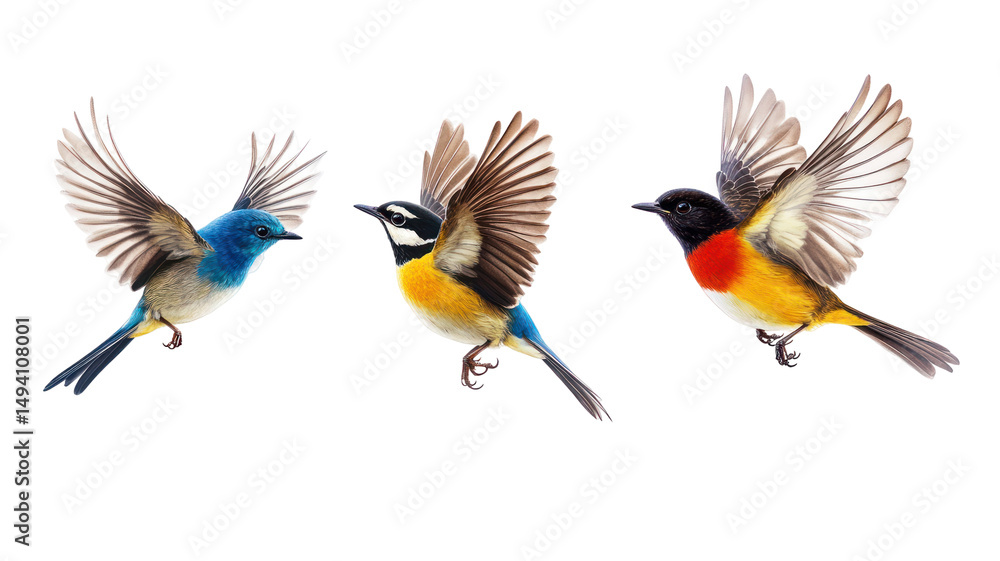 Obraz premium Three Colorful Songbirds: Bluethroat, Robin, and Whinchat on Transparent Background