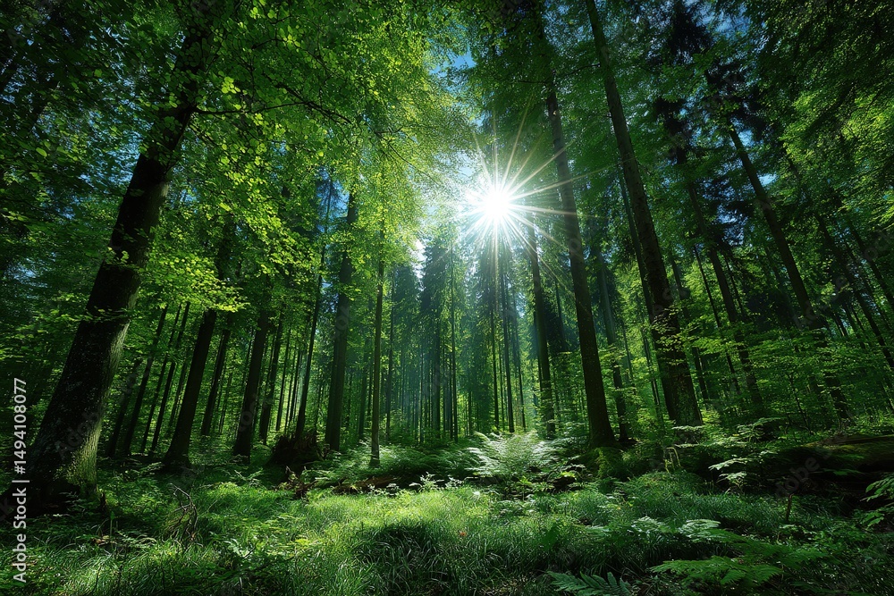 Obraz premium Sunlight Filtering Through Lush Green Forest