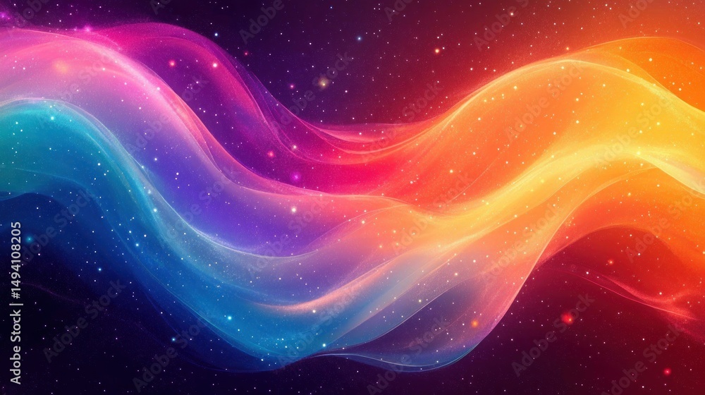 Colorful flowing waves of light in a star-filled cosmic background evoking motion and cosmic energy in blue, purple, pink, orange, and yellow hues Colorful flowing waves of light in a star-filled cosmic background evoking motion and cosmic energy in blue, purple, pink, orange, and yellow hues